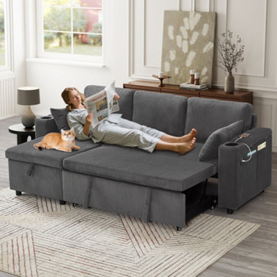 3 in 1 Convertible Corduroy Sofa Bed with Storage Chaise, L Shaped ...