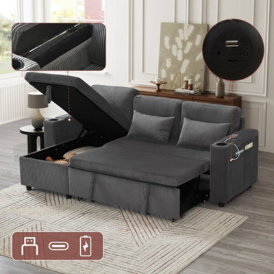3 in 1 Convertible Corduroy Sofa Bed with Storage Chaise, L Shaped ...