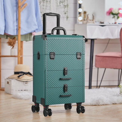 3 in 1 Dark Green Large Cosmetic Trolley Makeup Case on Wheels