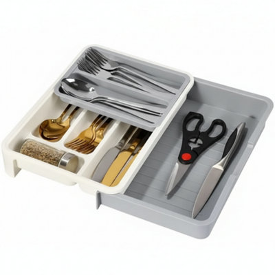 3 in 1 Expandable Cutlery Drawer Tray Plastic Utensil Organizer for Kitchen