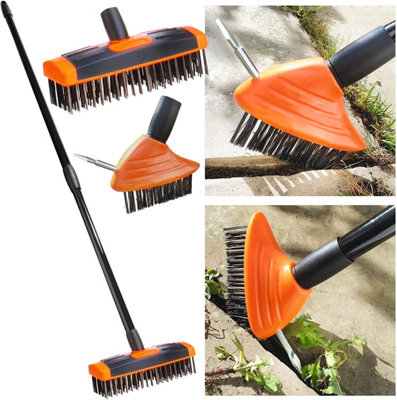 3-in-1 Garden Brush with Telescopic Handle, Wide & Narrow Bristle Brush Head & Metal Spike for Cleaning Patio, Decking & Driveways