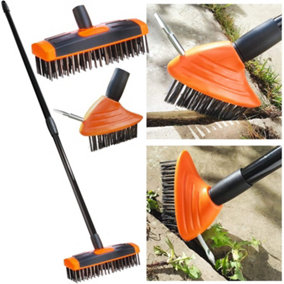 3-in-1 Garden Brush with Telescopic Handle, Wide & Narrow Bristle Brush Head & Metal Spike for Cleaning Patio, Decking & Driveways