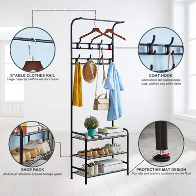 3-in-1 Hall Coat Rack Tree with Metal Frame,Black