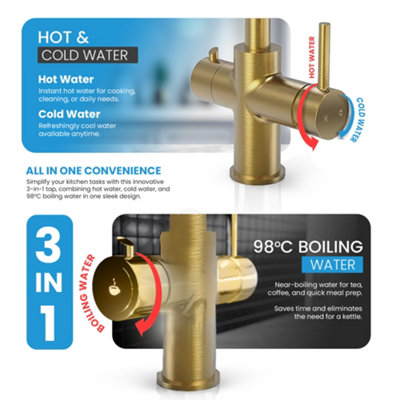 3 in 1 Instant Boiling Water Tap Brushed Gold, 2.4L Boiler Unit ...