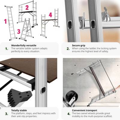 3-in-1 Ladder, Scaffold & Platform - Aluminium - silver