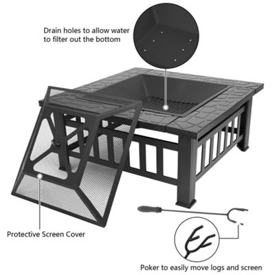 3 in 1 Large Square Firepit For Outdoor Garden BBQ Patio and Ice Bucket