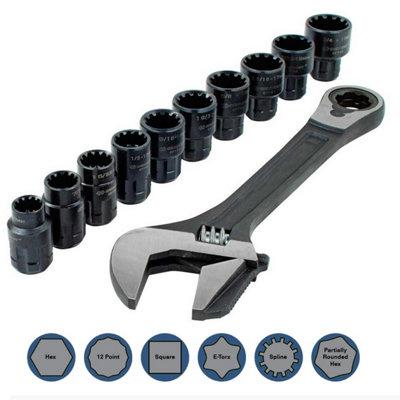 3 in 1 Pass Through Reversible Adjustable Wrench 11 Piece Set + Spline Sockets
