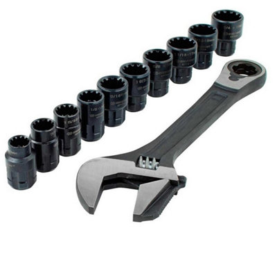 3 in 1 Pass Through Reversible Adjustable Wrench 11 Piece Set + Spline Sockets