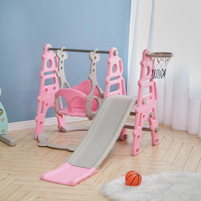 3 in 1 Pink Children Kids Toddler Slide and Swing Set Play Set with Basketball Hoop