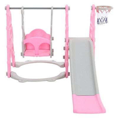 3 in 1 Pink Children Kids Toddler Slide and Swing Set Play Set with Basketball Hoop W 1350 x D 1850 x H 1050 mm