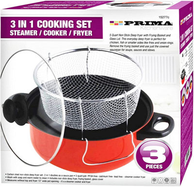 3 in 1 Prima Deep Fryer Cooking Set Home Kitchen Chef Food Red Cooker Chip Fry Pan Non Stick Pot Steamer Basket Glass Lid