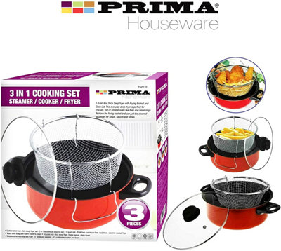 3 in 1 Prima Deep Fryer Cooking Set Home Kitchen Chef Food Red Cooker Chip Fry Pan Non Stick Pot Steamer Basket Glass Lid