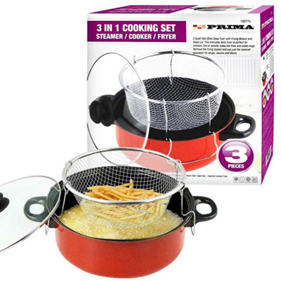 3 in 1 Prima Deep Fryer Cooking Set Home Kitchen Chef Food Red Cooker Chip Fry Pan Non Stick Pot Steamer Frying Basket Glass Lid