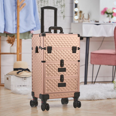 3 in 1 Rose Gold Large Cosmetic Trolley Makeup Case on Wheels