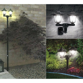 3 in 1 Solar Powered Dual Head Lamp Post, Wall or Pathway Light - Height Adjustable Outdoor Garden Lighting Decoration