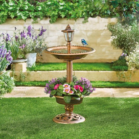 3 in 1 Solar Powered Lamp, Bird Bath & Planter - Weatherproof Outdoor Garden Bronze Effect Decoration - H82.5 x 43cm Diameter
