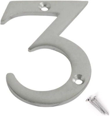 3 inch Satin Chrome Screw On Door Numbers Rustproof & Durable For Wood, uPVC & Composite Doors (Numeral 3)