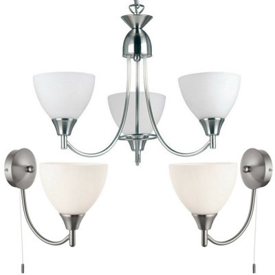 3 Lamp Ceiling & 2x Wall Light Pack Satin Chrome Glass Matching Indoor Fittings