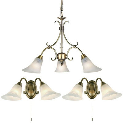 3 Lamp Ceiling Pendant & 2x Matching Twin Wall Light Antique Brass & Opal Glass