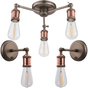 3 Lamp Ceiling Pendant & 2x Matching Wall Light Pack Tarnished Aged Copper Kit