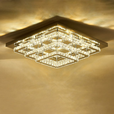 3 Lamp Square Layered Large Size Glamourous Crystal Chandeliers LED Ceiling Light 60cm Dimmable