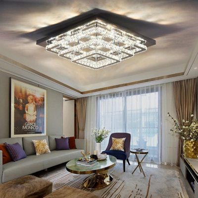 3 Lamp Square Layered Large Size Glamourous Crystal Chandeliers LED Ceiling Light 70cm Cool White