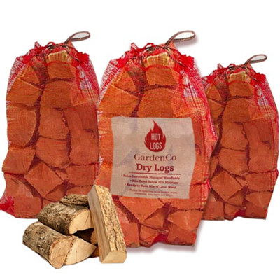 3 Large Nets Kiln Dried Fire Logs, 3x Bags For Wood Burners, Stoves & Fireplaces & Fire Pits Hot Burning Sustainably Sourced.