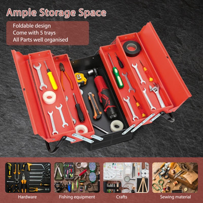 3-Layer 5-Tray Multi-Function Metal Tool Box,  Cantilever Folding Red Storage Box