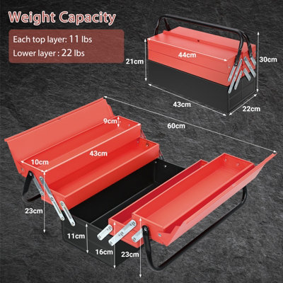 3-Layer 5-Tray Multi-Function Metal Tool Box,  Cantilever Folding Red Storage Box