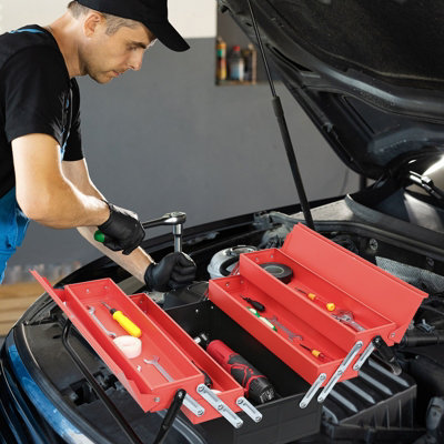 3-Layer 5-Tray Multi-Function Metal Tool Box,  Cantilever Folding Red Storage Box