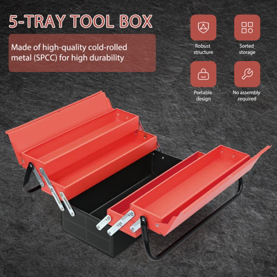 3-Layer 5-Tray Multi-Function Metal Tool Box,  Cantilever Folding Red Storage Box