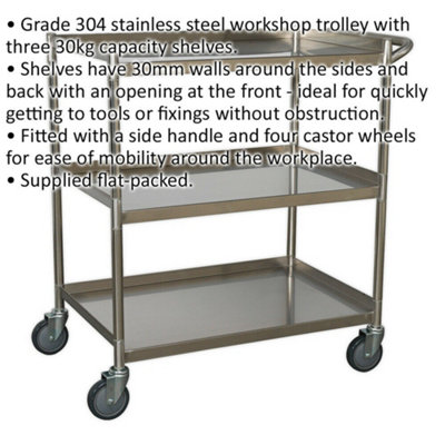 3 Level Stainless Steel Workshop Trolley - 810 x 458 x 862mm - 30kg Per Shelf
