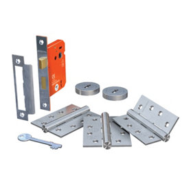 3 Lever Sashlock & Hinge Pack - 76mm Lock & 102mm Hinges (Satin), 1mm Intumescent Hardware Protection Included
