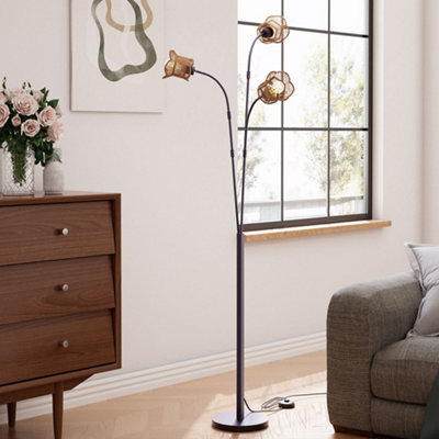 3-Light 174cm H Paper Rope String-Wrapped Lampshade Floor Lamp in Black