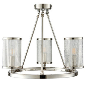 3 Light Chandelier Pendant Nickel Ribbed Glass Shade Hanging Ceiling Lamp Holder