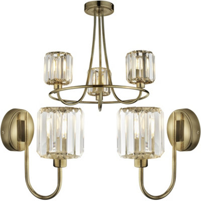 3 Light Semi Flush Ceiling Lamp & 2x Matching Wall Lights - Antique Brass Faceted Glass Shade