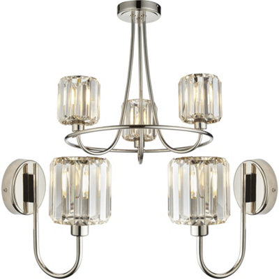 3 Light Semi Flush Ceiling Lamp & 2x Matching Wall Lights - Bright Nickel Frosted Glass Chandelier