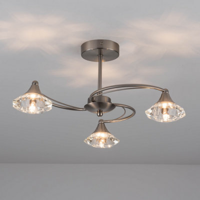 3 Light Semi-Flush Ceiling Light, Satin Nickel Finish, Clear Glass Shades, G9 Bulb Cap