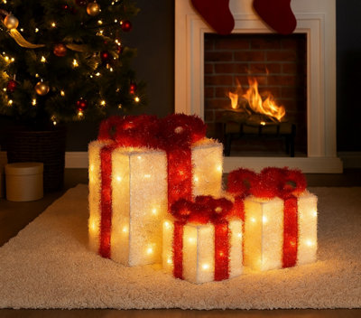 3 Light Up Christmas Gift Boxes LED Battery Lit Parcels Red & White