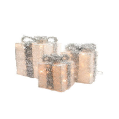 3 Light Up Christmas Gift Boxes LED Battery Lit Parcels Silver & White