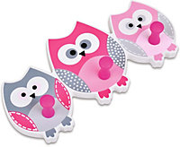 3 Owl Hooks on Wooden Backing Plate - Pink, Grey & White Wall Mounted Hook Set for Kids Bedroom - Measures 10.5 x 23 x 1cm
