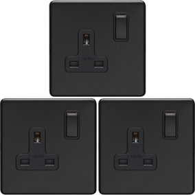 3 PACK 1 Gang DP 13A Switched UK Plug Socket SCREWLESS MATT BLACK Wall Power
