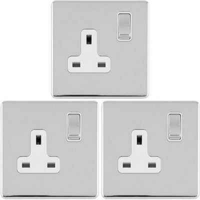 3 PACK 1 Gang DP 13A Switched UK Plug Socket SCREWLESS POLISHED CHROME Power