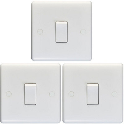 3 PACK 1 Gang Single 10A Light Switch 1 Way - WHITE PLASTIC Wall Plate Rocker