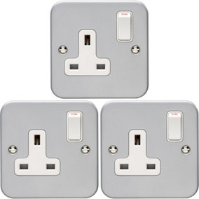 3 PACK 1 Gang Single 13A Switched UK Plug Socket HEAVY DUTY METAL CLAD Power