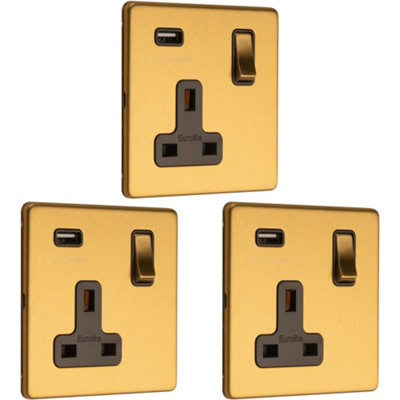 3 PACK 1 Gang Single 13A UK Plug Socket & 2.1A USB-A SCREWLESS SATIN BRASS Price Comparisons | Compare The Build