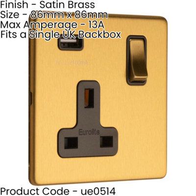 3 PACK 1 Gang Single 13A UK Plug Socket & 2.1A USB-A SCREWLESS SATIN BRASS