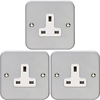 3 PACK 1 Gang Single 13A Unswitched UK Plug Socket HEAVY DUTY METAL CLAD Power