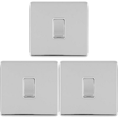 3 PACK 1 Gang Single Light Switch SCREWLESS POLISHED CHROME 2 Way 10A Rocker