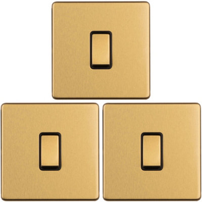 3 PACK 1 Gang Single Light Switch SCREWLESS SATIN BRASS 2 Way 10A Slim Rocker